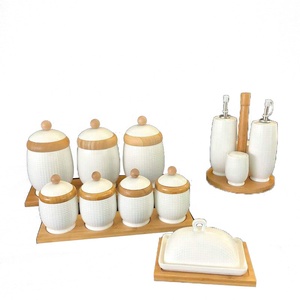 Custom Porcelain Coffee Tea Container Ceramic Food Storage Jar With Airtight Seal Bamboo Lid Bamboo Tray