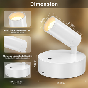 Lampada da Parete Moderna Ricaricabile Senza Fili a Batteria Dimmerabile Faretto in Plastica Nera 3W 2600mAh 3 Colori <span class=keywords><strong>per</strong></span> Soggiorno - Product Image 3
