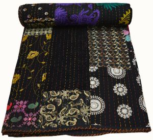 Handmade Patchwork <b>Quilt</b> Black Cotton Embroidered Traditional Design All Season Home Decor <b>Throw</b> Blanket - Product Image 1