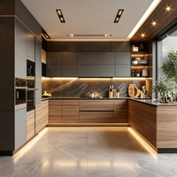 Armoires de cuisine modernes en forme de L, gris mat, grain de bois, contreplaqué personnalisé, MDF, bois massif, armoire de cuisine avec éclairage LED
