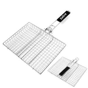 Sabre Venda Quente BBQ Grill Net Cesta Dobrável BBQ Grill Fio para Rotisserie Aço Inoxidável BBQ Escova Conjunto de 2 Cabo Longo De Madeira