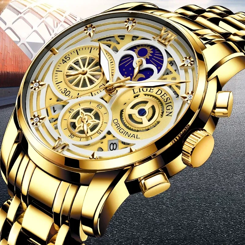 LIGE 8942 Sport Watch Fashion Hollow Design Gold Quartz Men's Watches Men Wrist Steel Band Waterproof Wristwatches Montre Homme
