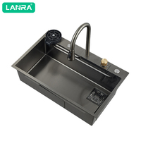 Évier de cuisine multifonctionnel en acier inoxydable noir à cuve unique avec robinet cascade, style cascade