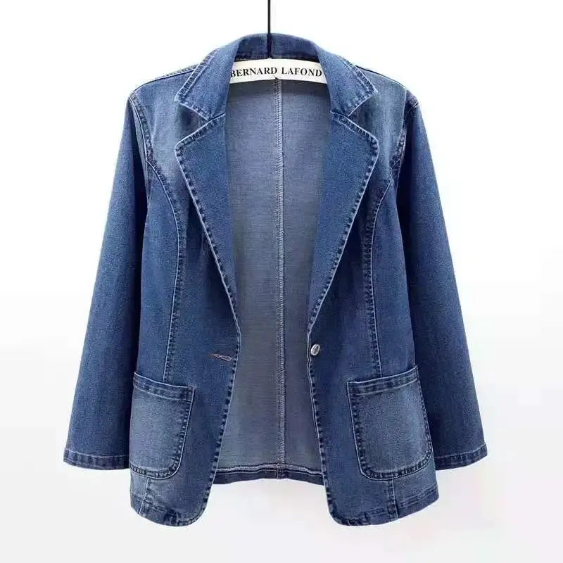 2023 Spring Denim Suit Jackets Femme Long-Sleeve One Button Vintage Autumn Jeans blazers Women Outerwear Cardigan Clothing