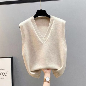 Gilet en tricot pour femme, couleur unie, coupe ample, col en V, sans manches, pull pour l'automne et l'hiver, à porter en extérieur - Product Image 1