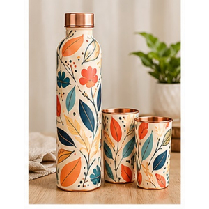 Juego de Botellas de Agua de Cobre con Diseño Floral Mediterráneo Azul, Herméticas, con Dos Tazas, Portátiles, de Metal - Product Image 3