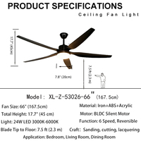 Ventilateur de plafond à 5 pales, 66 pouces, noir mat, en fer et ABS, moteur BLDC, 6 vitesses, réversible, LED dimmable, télécommande, chambre, maison, hôtel