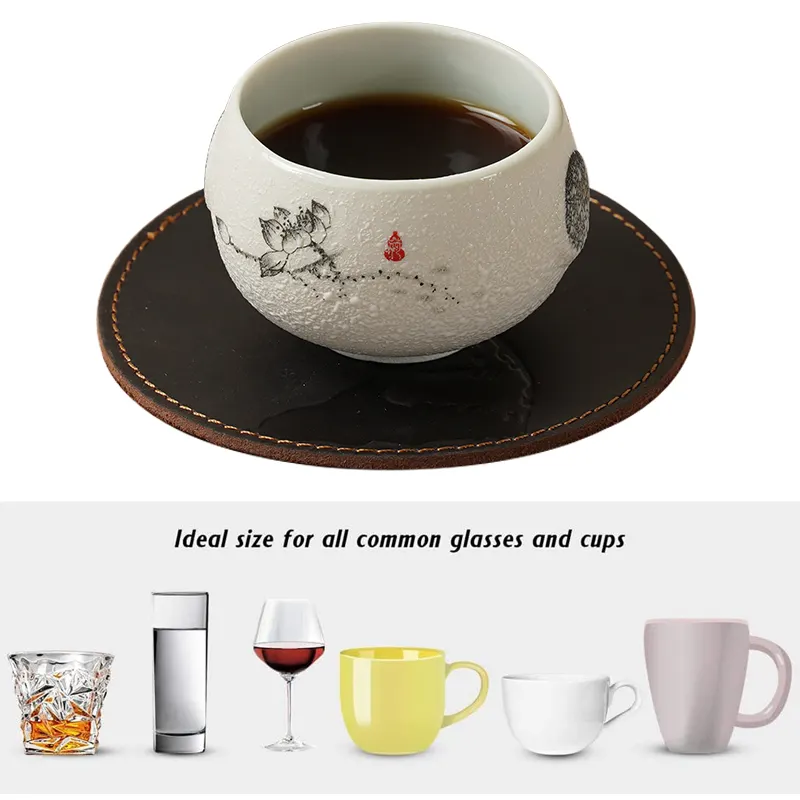 Logo özelleştirme klasik hakiki inek deri isıya dayanıklı masa Placemat kupası paspaslar içecek tam tahıl deri Coaster Mat