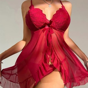 Pigiama Sexy da Donna, Camicia da Notte Completamente Trasparente in Rete, Lingerie Seducente in Pizzo, Taglia Grande con Spacco - Product Image 1