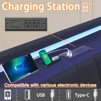 Cadre de lit en tissu gris beige avec lumières LED RGB synchronisées à la musique, station de charge USB Type C et 4 grands tiroirs de rangement Queen Full