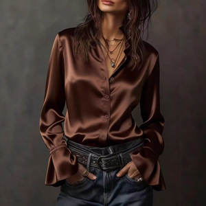 <span class=keywords><strong>Chemise</strong></span> longue en satin perlé pour femme, <span class=keywords><strong>col</strong></span> <span class=keywords><strong>montant</strong></span> à volants, confortable, style décontracté français, coupe ample pour l'automne - Product Image 1