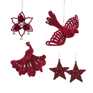 Ornement de noël en forme d'étoile, accessoire pour décoration d'arbre, de couleur rouge et beige, ornement de noël suspendu