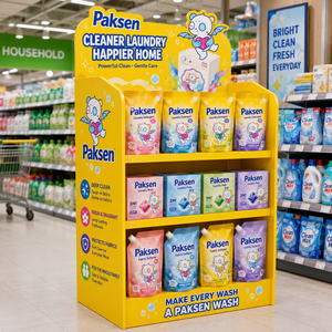 Support portable multi-niveaux en carton ondulé pour produits de blanchisserie, graphismes vifs personnalisés, installation facile pour supermarchés - Product Image 3