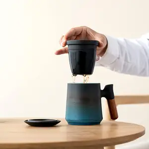 Ceramic Coffee Mug Set with Infuser and Lid Loose Leaf Teacup Tet Rosewood Handle Ceramic Mug