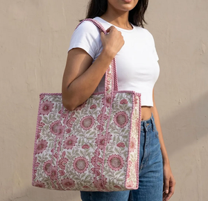 White Pink Floral Block Printed Cotton <b>Tote</b> <b>Bag</b> <b>Summer</b> Beach <b>Bag</b> Bridesmaid Gift <b>Bag</b> Reusable Travel Shopping Shoulder <b>Bag</b> - Product Image 1