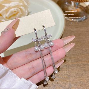 Korean Long Tassel Chain Imitation Pearl Cherry <b>Earrings</b> for Women Bridal Temperament Zircon Drop Dangling <b>Earrings</b> Jewelry - Product Image 3