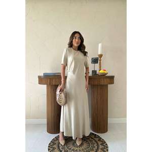 Robe plissée beige à col rond, coupe ample, en tissu tissé respirant, pour usage quotidien, décontractée, taille naturelle - Product Image 5