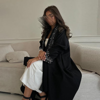 Abaya Musulmane de Luxe Sur Mesure 2025 pour Femme, Avec Garniture de Perles Noires, Modèle Ample, Cardigan Ouvert, Robe Pudique - Vente en Gros Dubaï