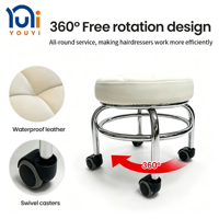 Tabouret de salon roulant avec roulettes, pivotant à 360 degrés, en cuir PU rond, pour coiffeur, barbier, spa, massage