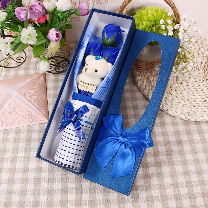 Buquê de casamento de 3 rosas + urso, noiva azul com caixa de urso de pelúcia