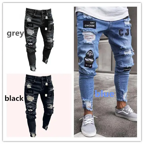 Phong Cách Ý Mới Đàn Ông Đau Khổ Phá Hủy Quần Huy Hiệu Nghệ Thuật Các Bản Vá Lỗi Skinny Biker Lỗ Rách Trắng Skinny Men Jeans Quần Mỏng