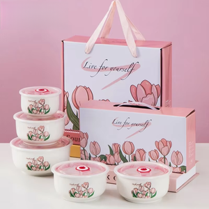 Juego de Tazones de Arroz de Cerámica Modernos Hechos a Mano con Diseño Floral Personalizable, Tapas Resistentes al Calor, Libres de BPA, Ecológicos, Aptos para <span class=keywords><strong>Microondas</strong></span> y Lavavajillas - Product Image 1