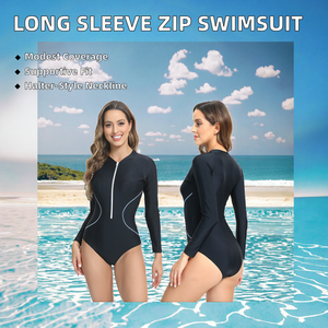 Traje de baño de manga larga para mujer, traje de baño de una pieza con cremallera frontal, ropa de playa para surf y snorkel - Product Image 2