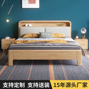 Letto Matrimoniale in Legno Massello Stile Nordico 1,8 Metri, Testiera Morbida con Luce Notturna USB, per Camera da Letto Principale, Appartamento, Dormitorio, Prodotto in Cina - Product Image 2
