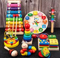 AiJH Juguete Educativo de Madera para Bebés, Piano de Ocho Tonos con Cuentas de Madera, Reloj Despertador, Set de Piano para Golpear