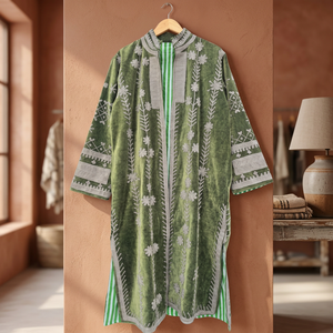 Manteau long en velours vert olive fait main sur mesure, avec des motifs floraux gris et des appliques géométriques sur le bord - Product Image 1