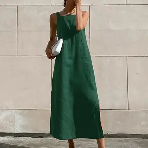 Vestido de mujer de lino de algodón natural al por mayor vestidos MIDI de lino de verano de mujer de color liso sin mangas