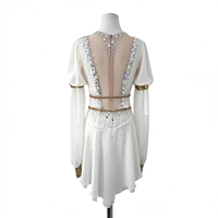 Robe de patinage artistique blanche pour enfants et adultes, en maille, manches longues, avec bordure dorée et strass au dos, pour compétition et spectacle de patinage sur glace