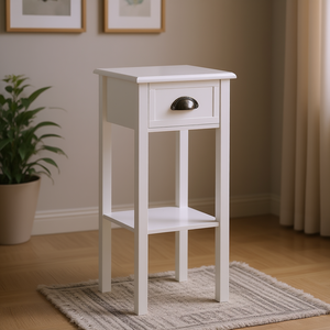 Tavolino Laterale Alto Bianco a 2 Ripiani con Cassetto, Salvaspazio, Sottile, per Soggiorno, Design Moderno, Pomello in Metallo - Product Image 2