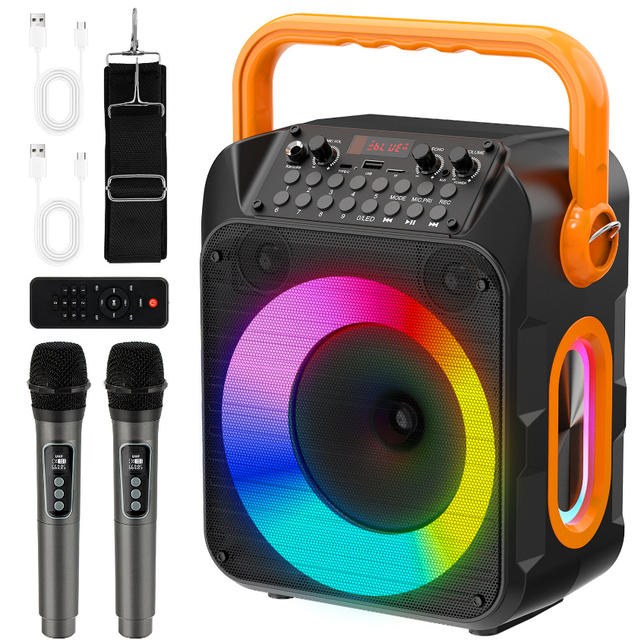Deluxe AV Portable PA System Karaoke Machine 2 Wireless Microphones for Speaker RGB Aux Input Battery Bass/Treble