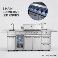 Cuisine extérieure avec barbecue à gaz en acier inoxydable, 5 brûleurs, brûleur latéral, évier, réfrigérateur, rôtissoire