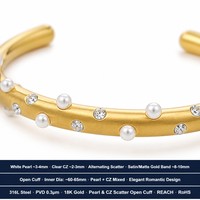 Bracelet jonc ouvert en acier inoxydable plaqué or 18 carats avec zircon pavé et perles, produits les plus vendus 2023, en gros, prêts à être expédiés