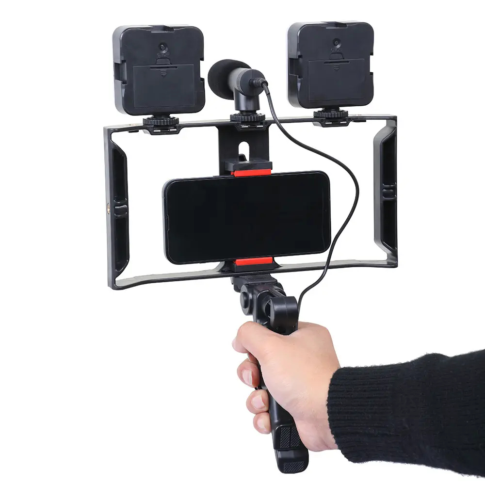 Kits de vlogging Stabilisateur de cage de caméra vidéo Plate-forme de fabrication de films pour tous les téléphones intelligents Plate-forme vidéo Support de téléphone portable Support de poignée