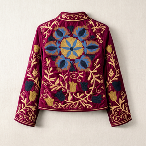 Suzani Embroidered Knitted Velvet <b>Fabric</b> <b>Medium</b> Weight 150D Yarn for Girls' Jackets - Product Image 1