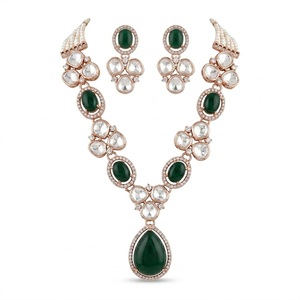 Rose Gold 925 <b>Silver</b> Necklace with Green Oval and Water Drop Crystals for Women Fine <b>Silver</b> Wedding Jewelry Set - Product Image 1