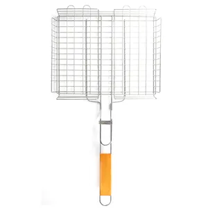 Non-stick Barbecue Bbq Flat Grill Basket Net Bbq Grill Wire Mesh With Wooden Handle