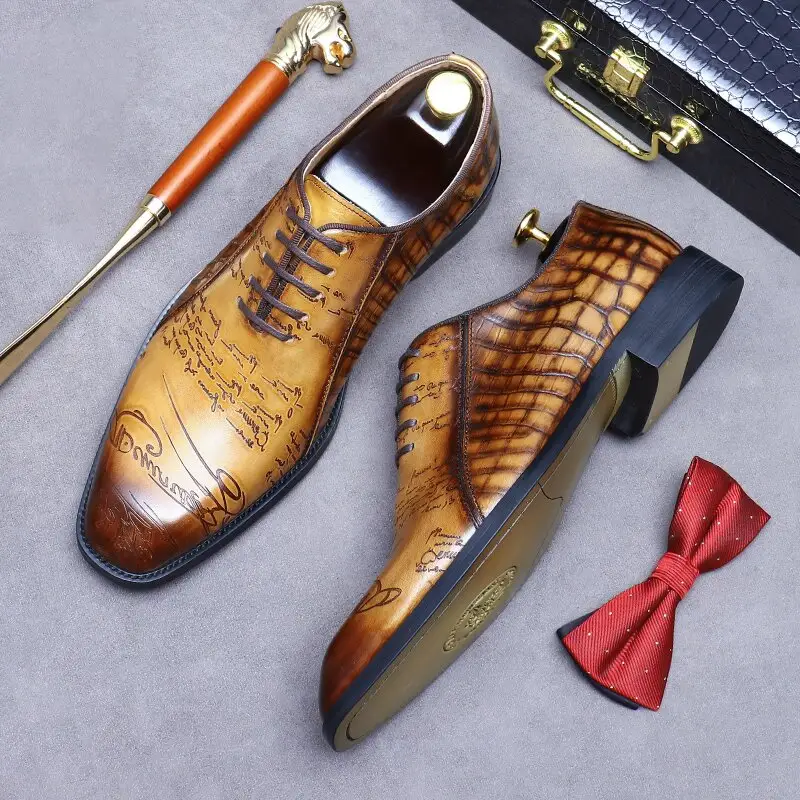 Fashion Genuine Cow Leather Shoes Lace-up Business Men's Formal Shoes Crocodile Handmade Dress Oxford Shoes