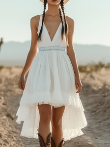 Personalizar Romántico Estilo Occidental Corto Frente y Largo Volver Impreso Gasa Midi Blanco Vestido de Verano - Product Image 2