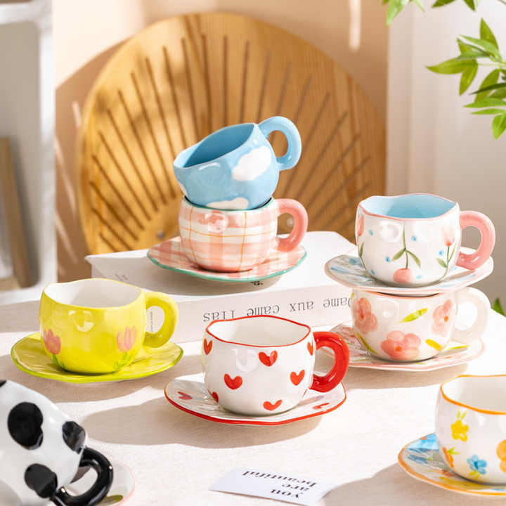 Wholesale Handmade Creative Ceramic Mug Irregular Hand Drawn Cute Mug Ceramic Coffee Mugs with Saucers
