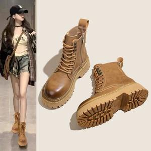 2025 estilo británico para botas para mujer versátil pequeño Retro corto con cordones cierre invierno transpirable cuero genuino grueso - Product Image 3