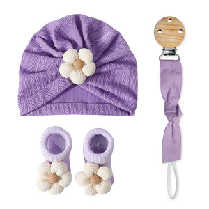 Gorro de <span class=keywords><strong>turbante</strong></span> de flores grandes <span class=keywords><strong>para</strong></span> niñas, gorro de bebé de punto <span class=keywords><strong>para</strong></span> recién nacidos con conjunto de calcetines cortos - Product Image 4