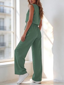 Nouvel ensemble décontracté printemps-été : haut sans manches col rond couleur unie teint en pièce et pantalon large taille haute - Product Image 2