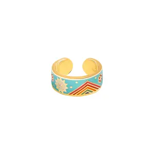 Vintage Style Gold Plated Stainless Steel Colorful Enamel Sun Moon Flower Tarot Open Ring for Women