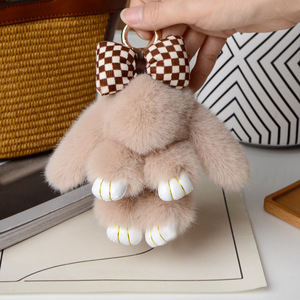 Factory Wholesale 13cm Rex Rabbit Fur Plushie Keychain Cute Bunny Kawaii Bow Ribbon Charm For Women Bag Accessories And Toys