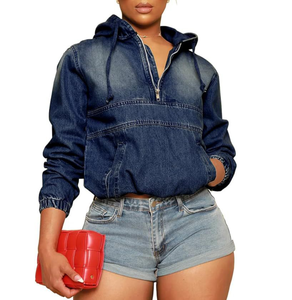 Wholesale Customized Women's <strong>Half</strong> Zipper Hooded Denim <strong>Jacket</strong> Retro Long Sleeved Elastic Cuff Washed Autumn Winter - Product Image 1