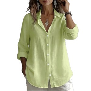 White <b>Linen</b> Blouse Shirt Loose Fit Long Sleeve Button Front Casual Women <b>Top</b> - Product Image 3